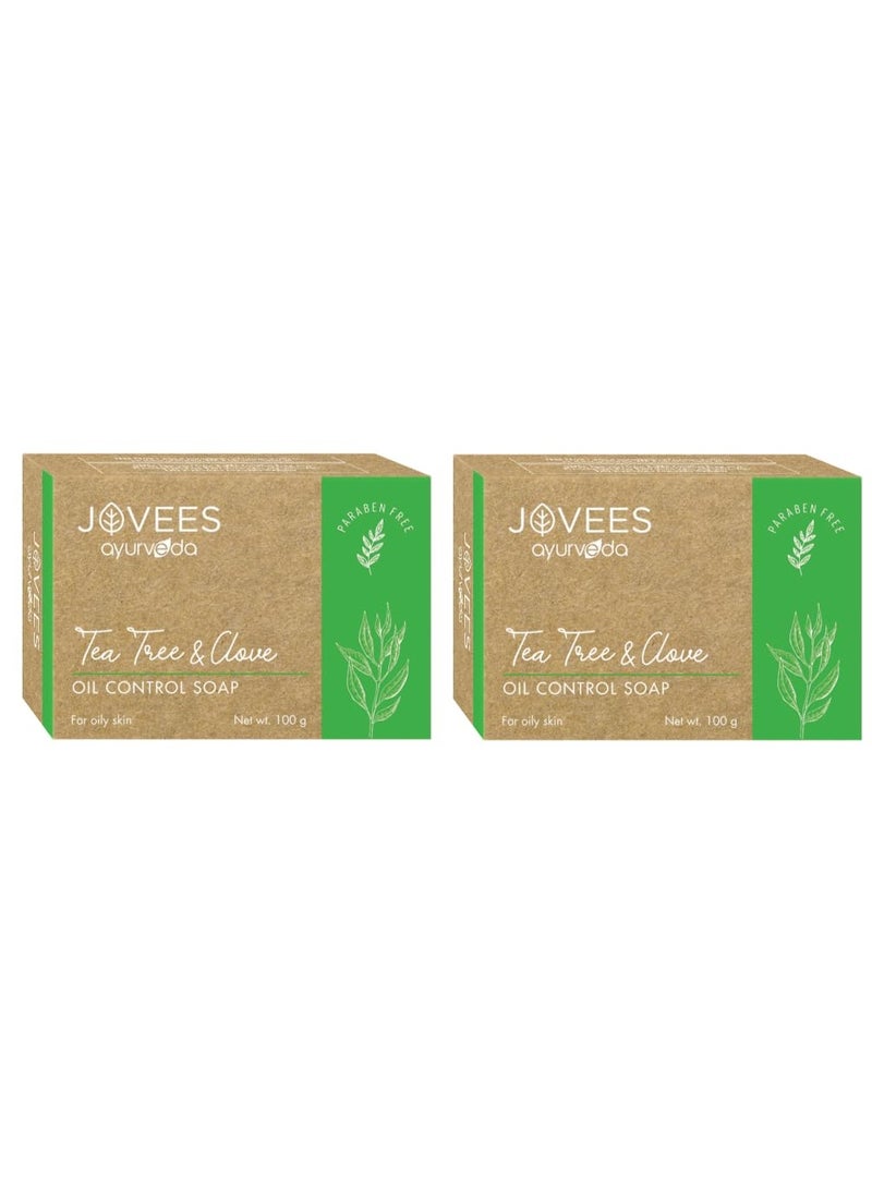 JOVEES AYURVEDA صابون جوفيز العشبي للتحكم في إفرازات الزيت بخلاصة شجرة الشاي والقرنفل، 100 جرام (عبوة من قطعتين) - Image 1